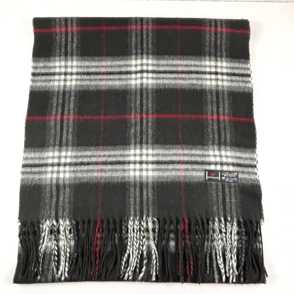 V. Fraas Scarf Unisex OS Black Plaid‎ Cashmink Acrylic Fringe Germany 12x72in